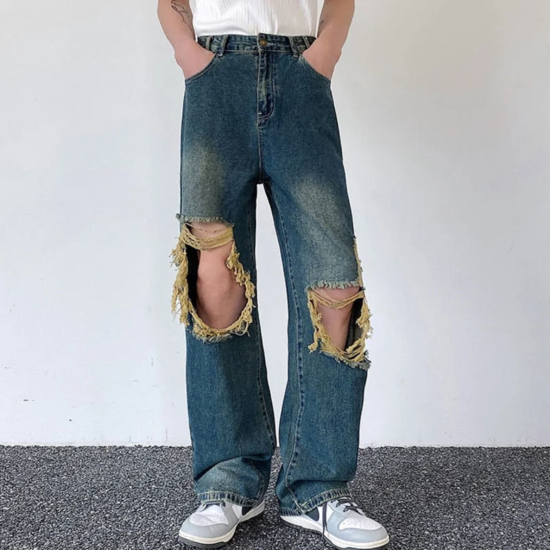 Bonsir Summer Men's Worn Out Jeans Vintage Distressed Hole Wide Leg Denim Straight Pants Korean Personality Casual Srteet