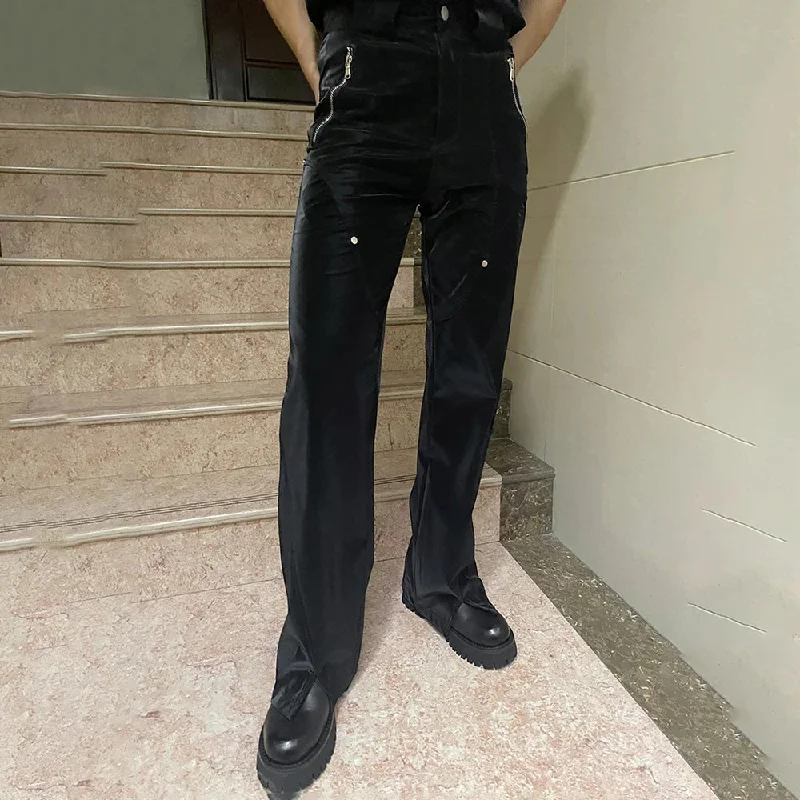 Bonsir Y2k Mens American Retro Design Punk Street Trousers Fashion High Waist Loose Versatile Split Liquid Leather Pants Unisex