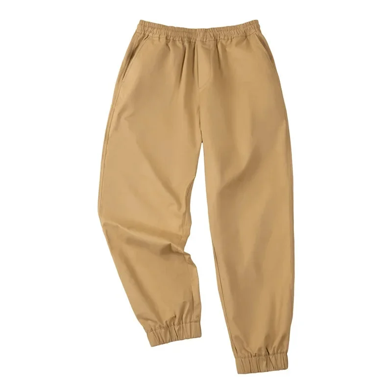 Casual 100% Cotton Stretch Twill Tapered Pants Khaki Elastic Waist Joggers Cuffed Pants