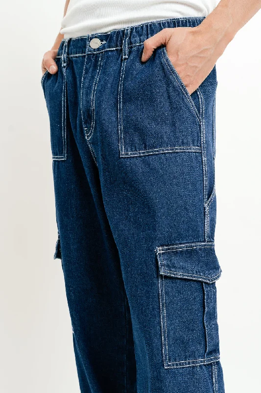 Elasticated Mid Blue Men's Cargo Jeans