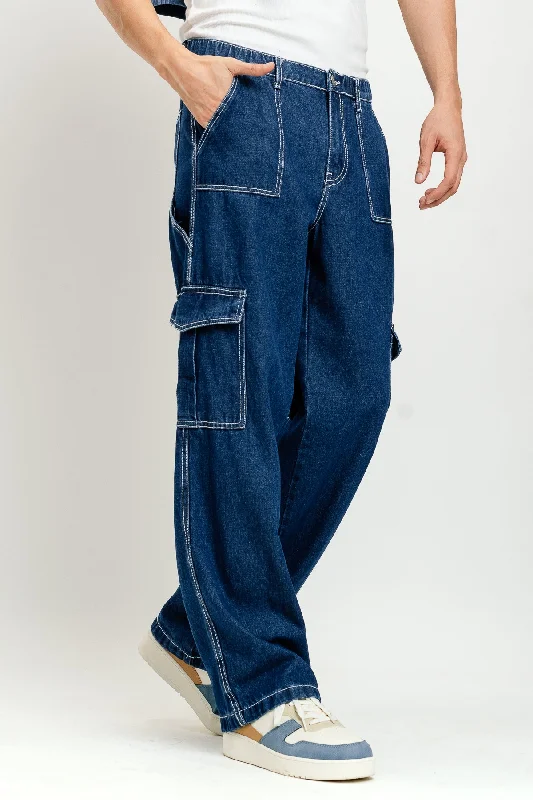 Elasticated Mid Blue Men's Cargo Jeans