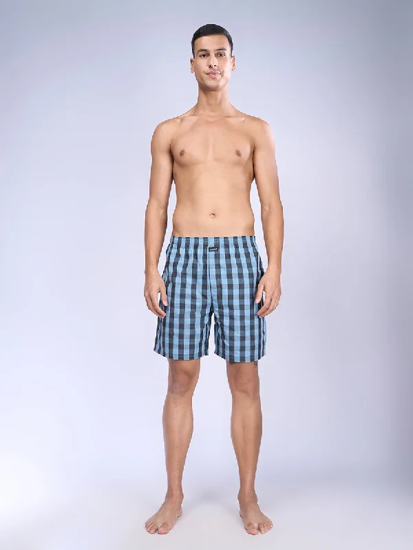 Mens Blue with Black 4C Knit Checks Woven Boxer Long