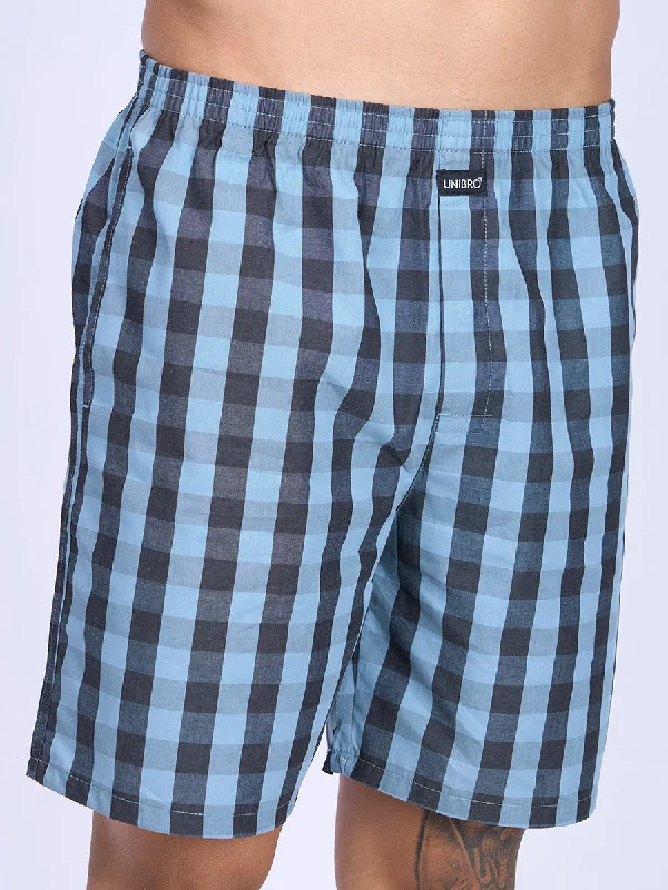 Mens Blue with Black 4C Knit Checks Woven Boxer Long