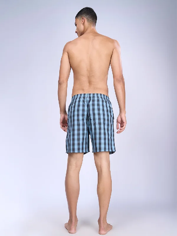 Mens Blue with Black 4C Knit Checks Woven Boxer Long