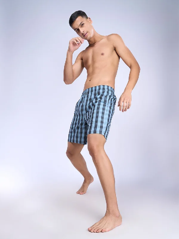 Mens Blue with Black 4C Knit Checks Woven Boxer Long