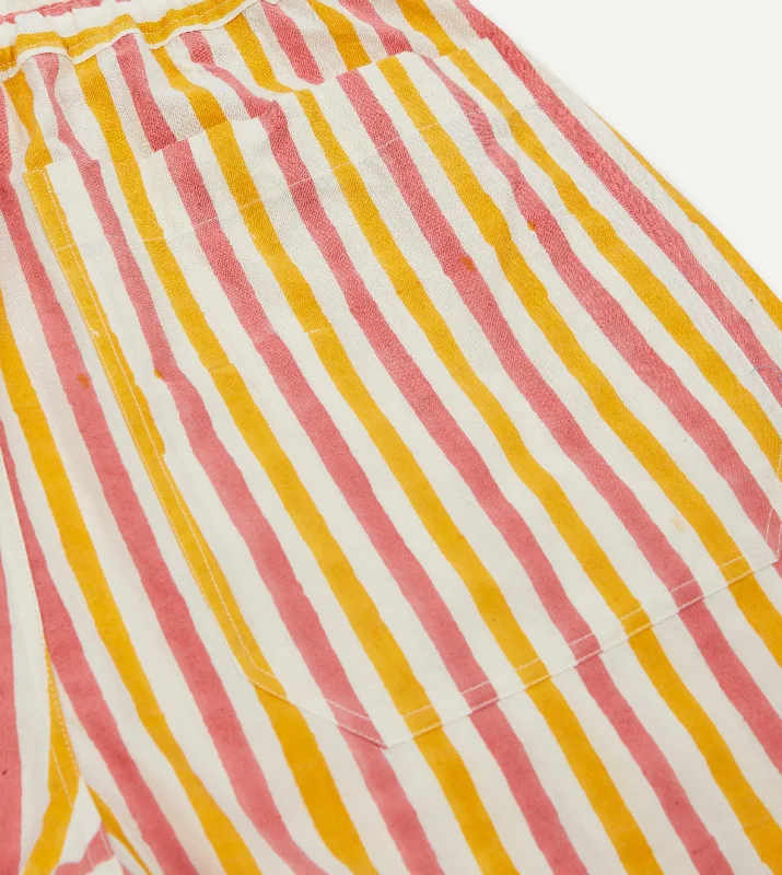 Yellow and Pink Stripe Block Print Cotton Drawstring Shorts