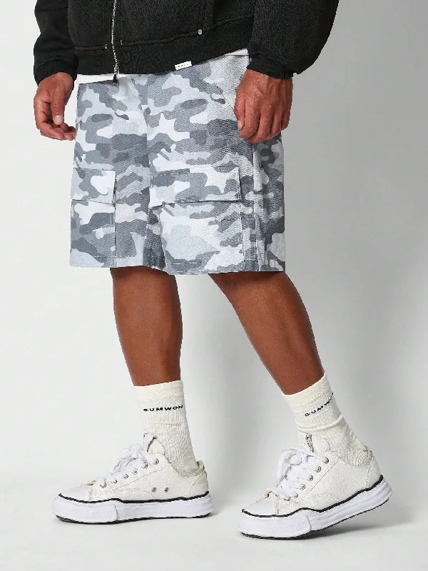 Denim Bermuda Short With All Over Camo Print