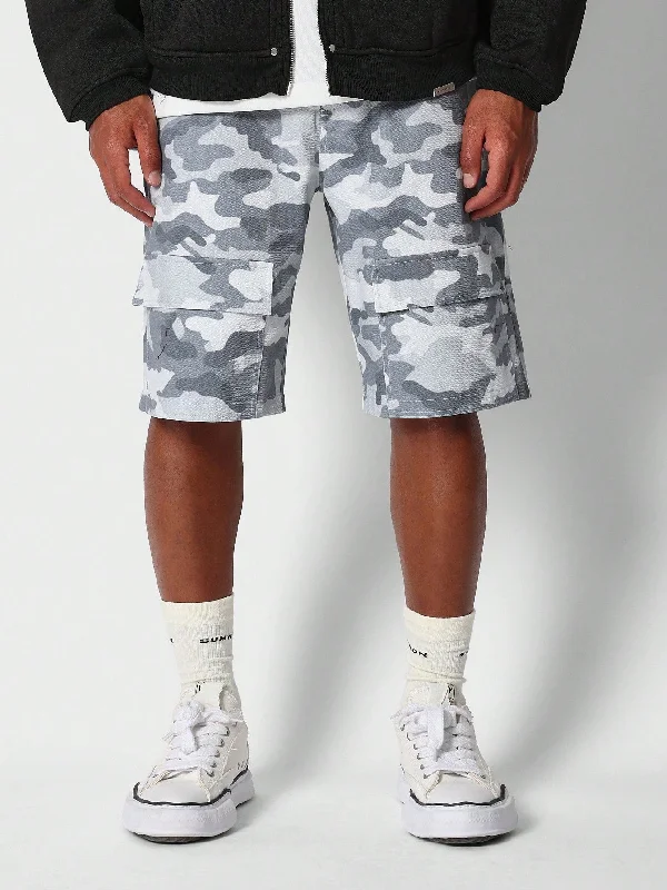 Denim Bermuda Short With All Over Camo Print