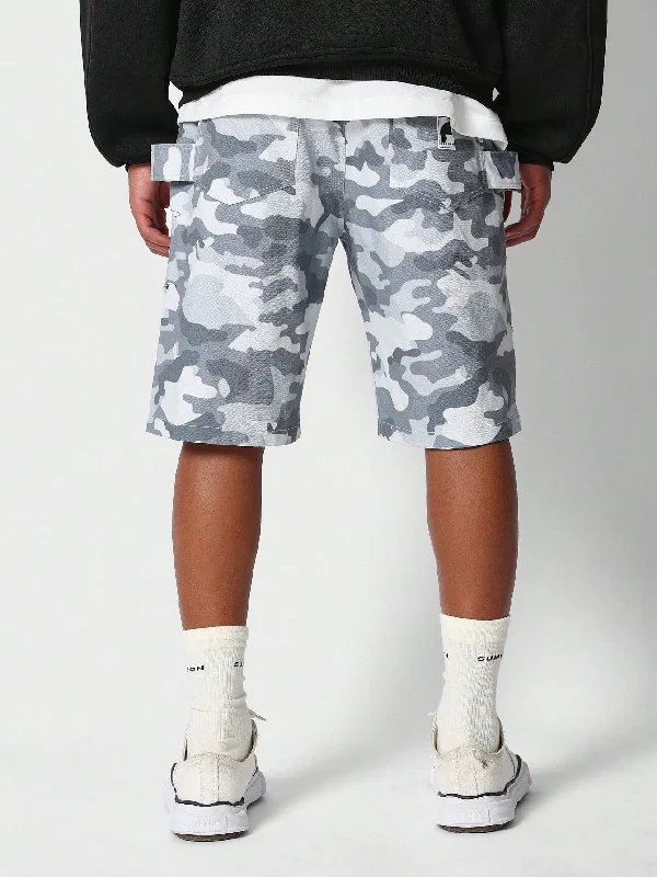 Denim Bermuda Short With All Over Camo Print