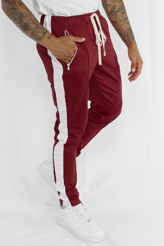 Premium Side Stripe Zip Pocket Track Pants (Burgundy - White)