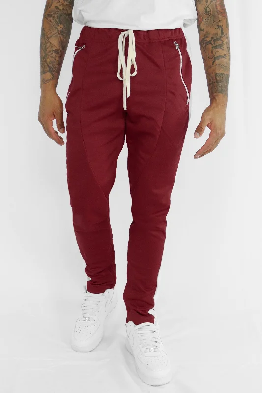 Premium Side Stripe Zip Pocket Track Pants (Burgundy - White)