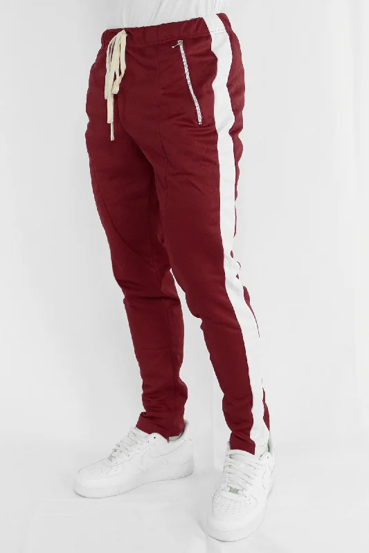 Premium Side Stripe Zip Pocket Track Pants (Burgundy - White)