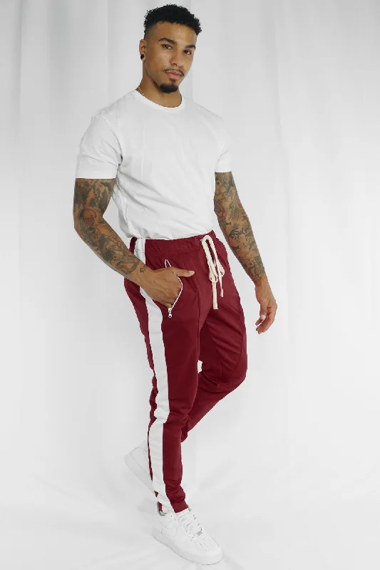 Premium Side Stripe Zip Pocket Track Pants (Burgundy - White)