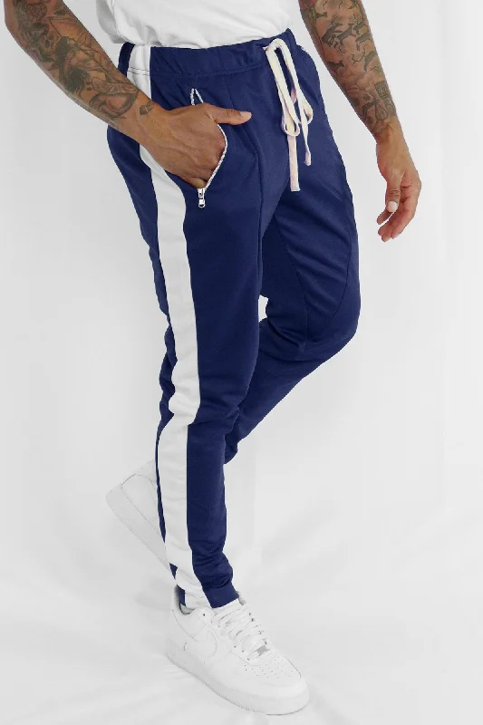 Premium Side Stripe Zip Pocket Track Pants (Navy-White)