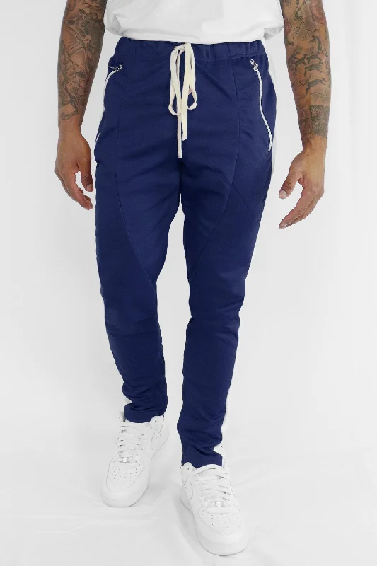 Premium Side Stripe Zip Pocket Track Pants (Navy-White)