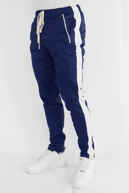 Premium Side Stripe Zip Pocket Track Pants (Navy-White)