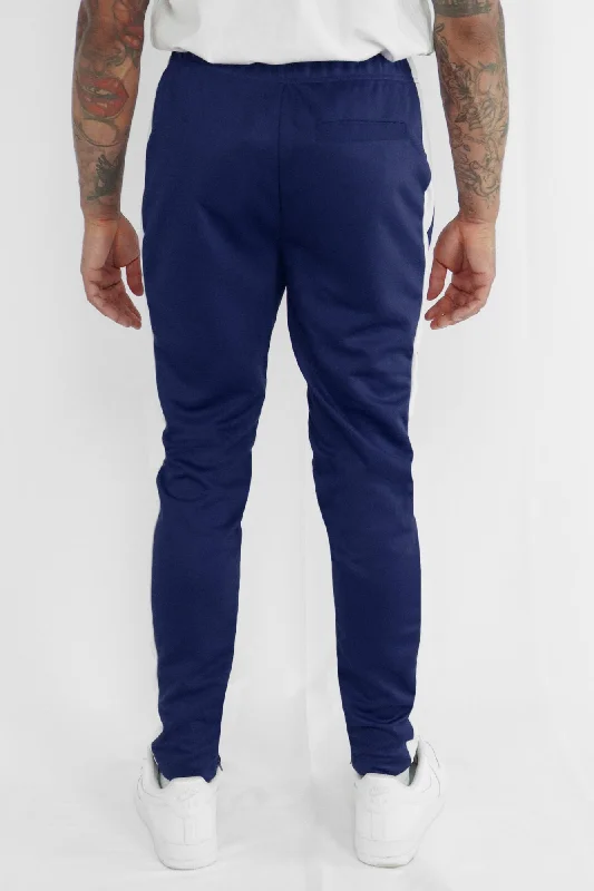 Premium Side Stripe Zip Pocket Track Pants (Navy-White)