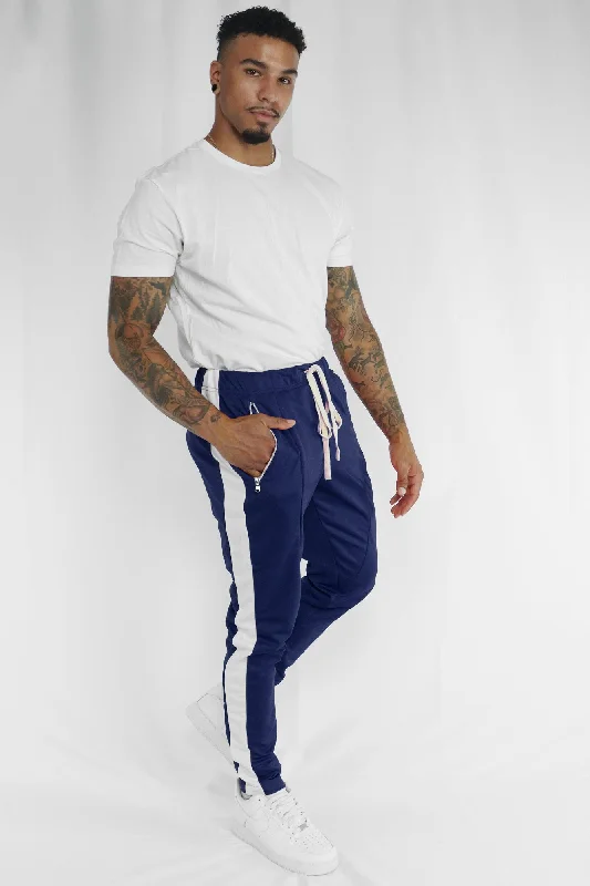 Premium Side Stripe Zip Pocket Track Pants (Navy-White)