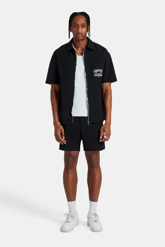 Text Pocket Zip Front Shirt & Short - Black