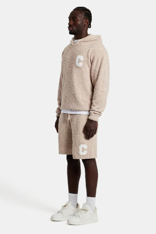 Textured Knitted Hooded Short Tracksuit - Beige