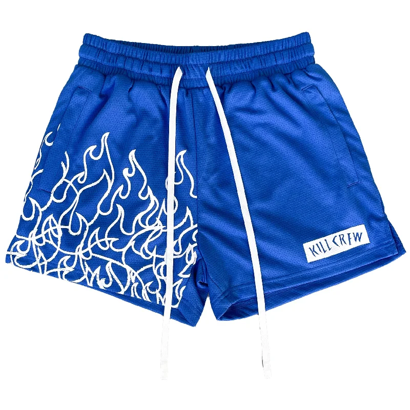 MUAY THAI FLAME SHORTS (MID THIGH CUT) - BLUE / WHITE