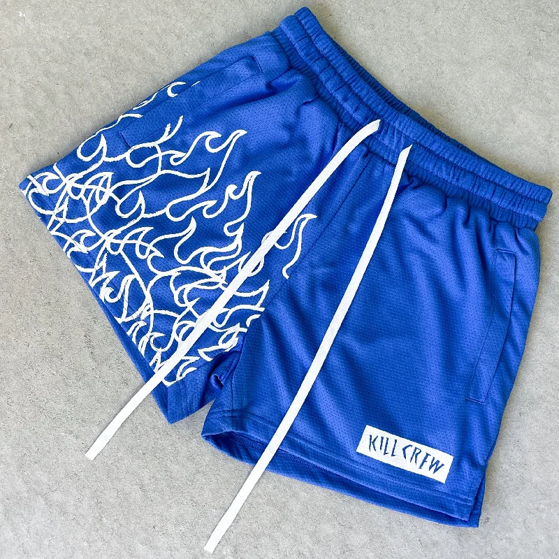 MUAY THAI FLAME SHORTS (MID THIGH CUT) - BLUE / WHITE