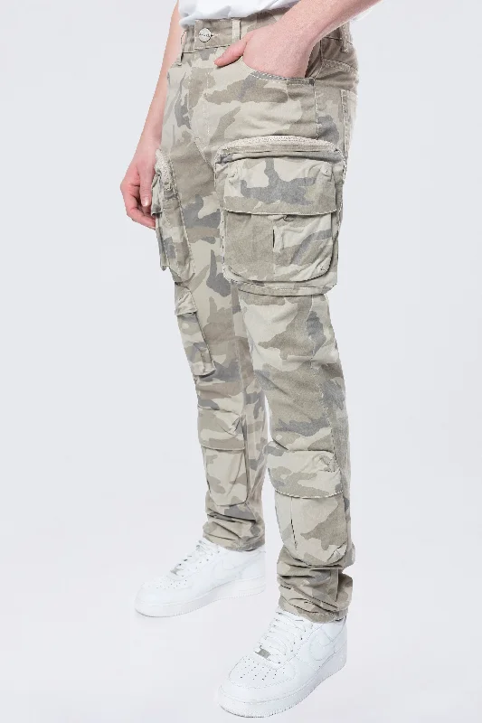 Long Slim 5 Pocket Cargo Twill Pants - Khaki Camo