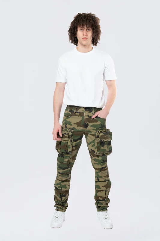 Long Slim 5 Pocket Cargo Twill Pants - Wood Camo