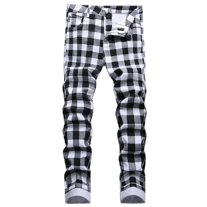 Mens Black And White Plaid Printed Jeans Straight Leg