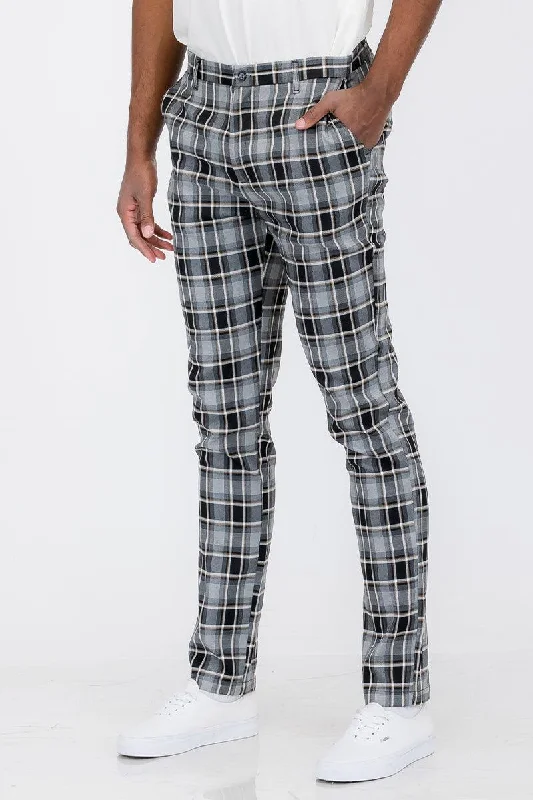 Mens Black Grey Plaid Slim Fit Trouser Pants