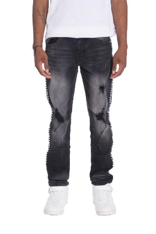 Mens Racer Stripe Black Denim Jeans Faded Wash