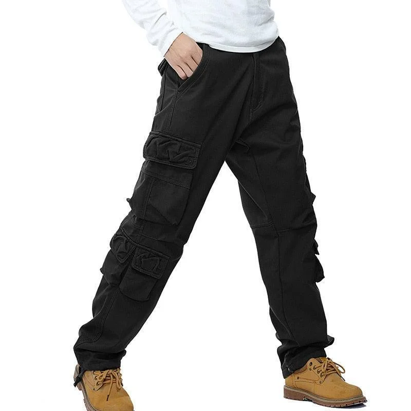 Mens Winter Fleece Lined Cargo Pants Loose Fit Multi-Pocket