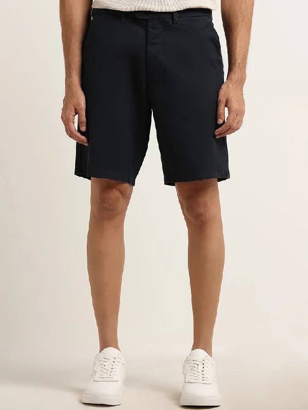 Ascot Navy Relaxed Fit Cotton Blend Mid Rise Shorts