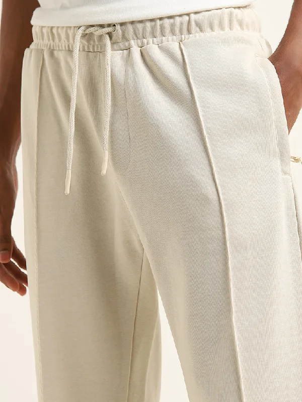 Studiofit Light Beige Relaxed-Fit Mid-Rise Cotton Track Pants