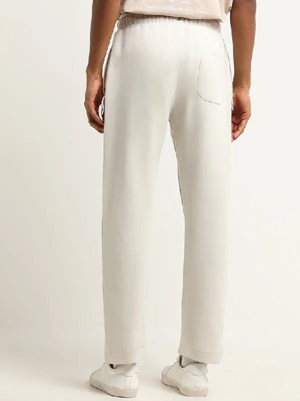 Studiofit Off-White Front-Seam Mid Rise Cotton Blend Relaxed Fit Track Pants