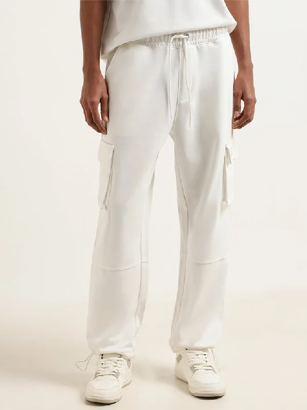 Studiofit White Cotton Blend Relaxed Fit Cargo Pants