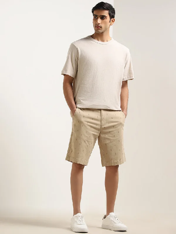 WES Casuals Beige Relaxed-Fit Mid-Rise Cotton Blend Shorts