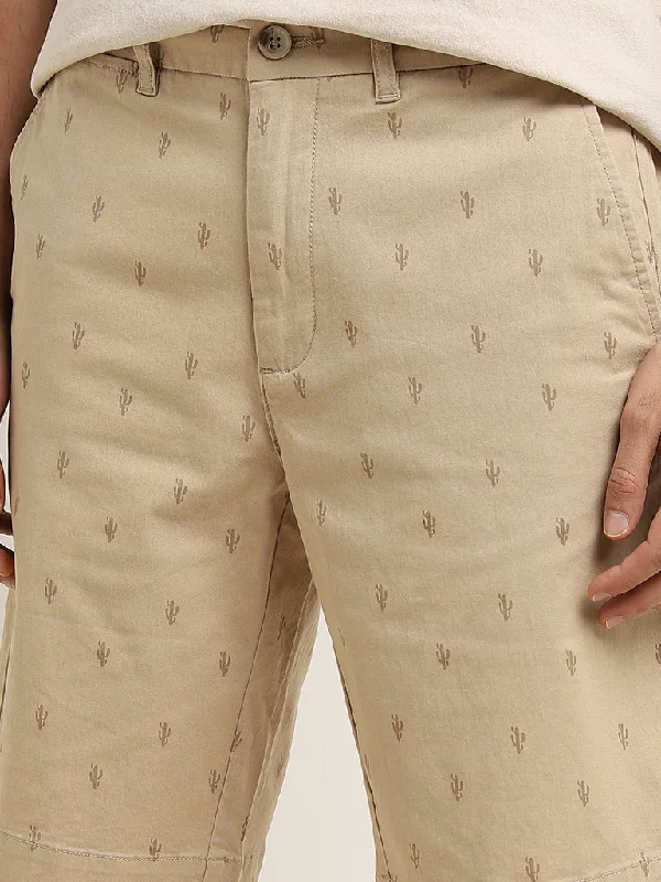 WES Casuals Beige Relaxed-Fit Mid-Rise Cotton Blend Shorts