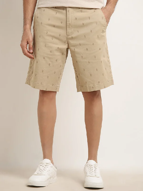 WES Casuals Beige Relaxed-Fit Mid-Rise Cotton Blend Shorts