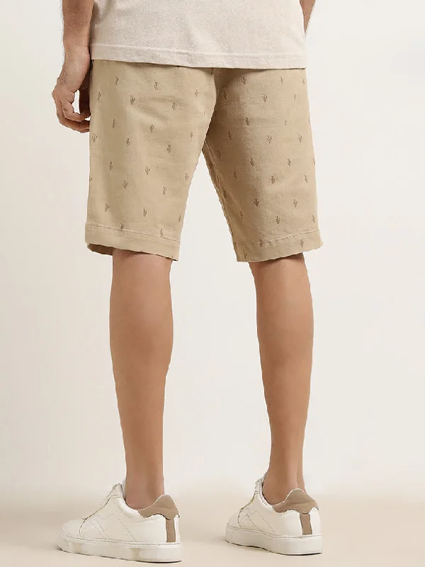 WES Casuals Beige Relaxed-Fit Mid-Rise Cotton Blend Shorts