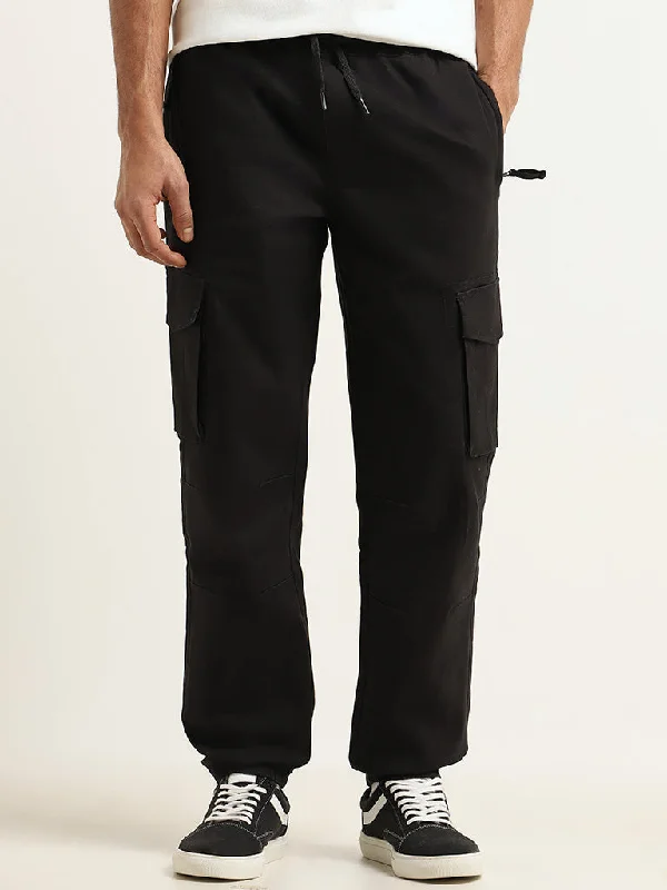 WES Casuals Black Cargo Cotton Blend Relaxed-Fit Joggers